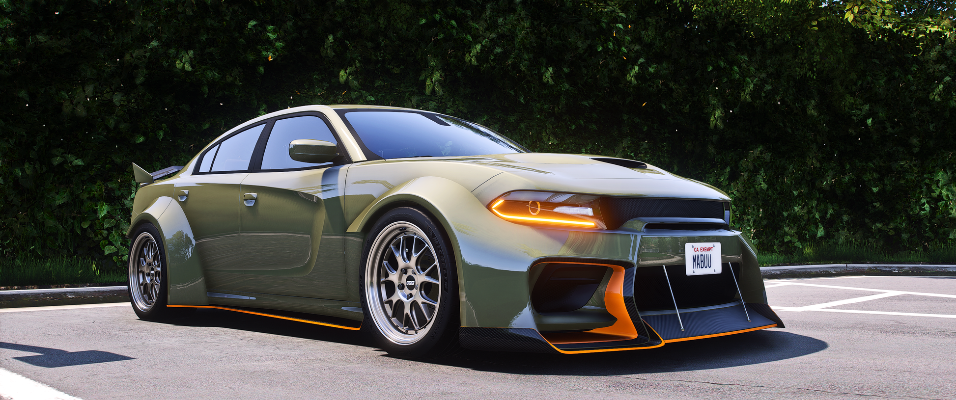 Front view of Debadged Dodge Charger Hellcat SRT Liberty Walk