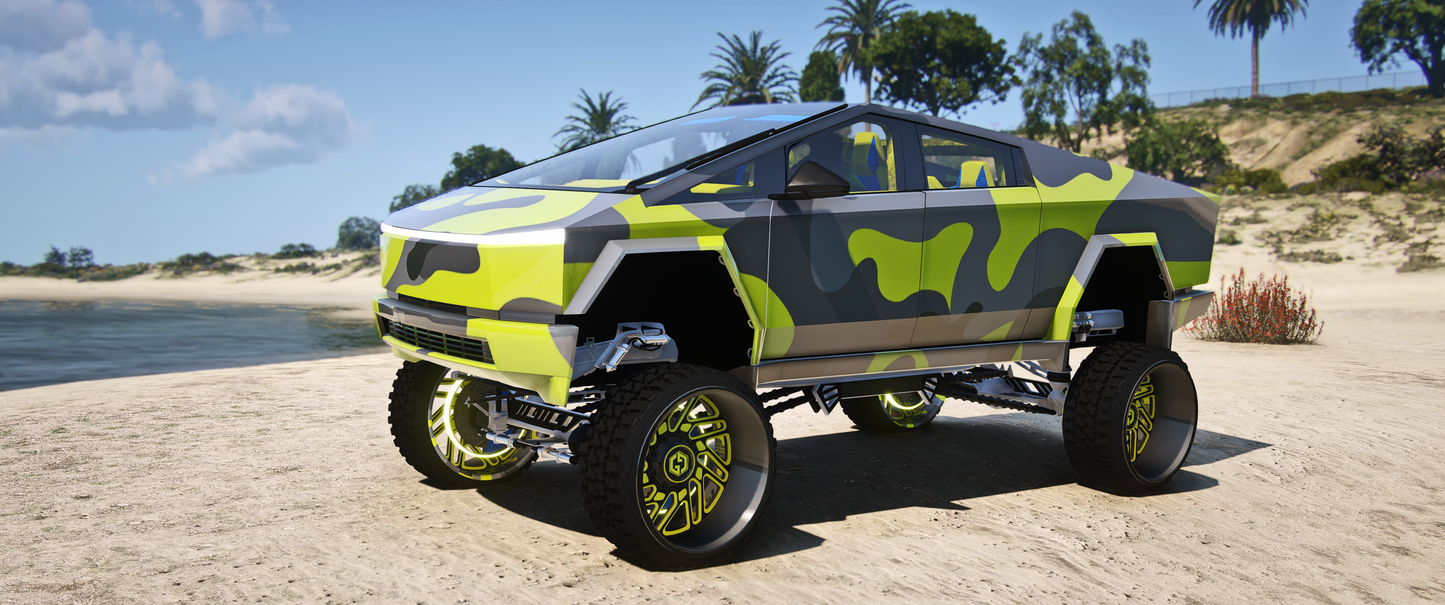 Front view of (Debadged) Tesla Cyber Track Sema GTA V mod for FiveM