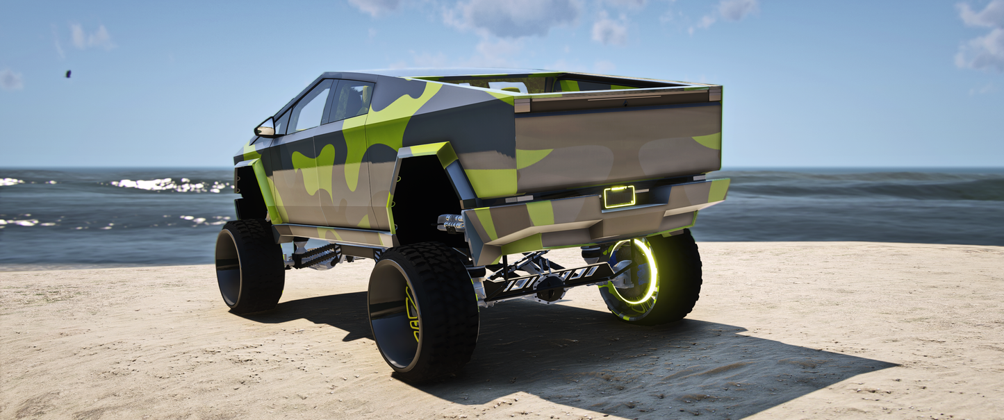 Side view of (Debadged) Tesla Cyber Track Sema GTA V vehicle mod for FiveM