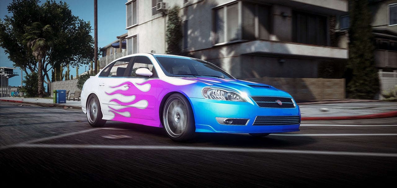 Side angle of the lore-friendly Declasse Impaler FiveM vehicle