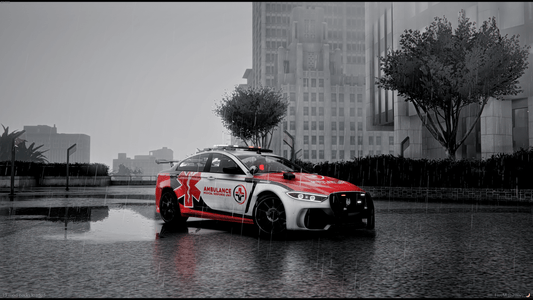 Front view of FiveM EMS vehicle with lore-friendly livery