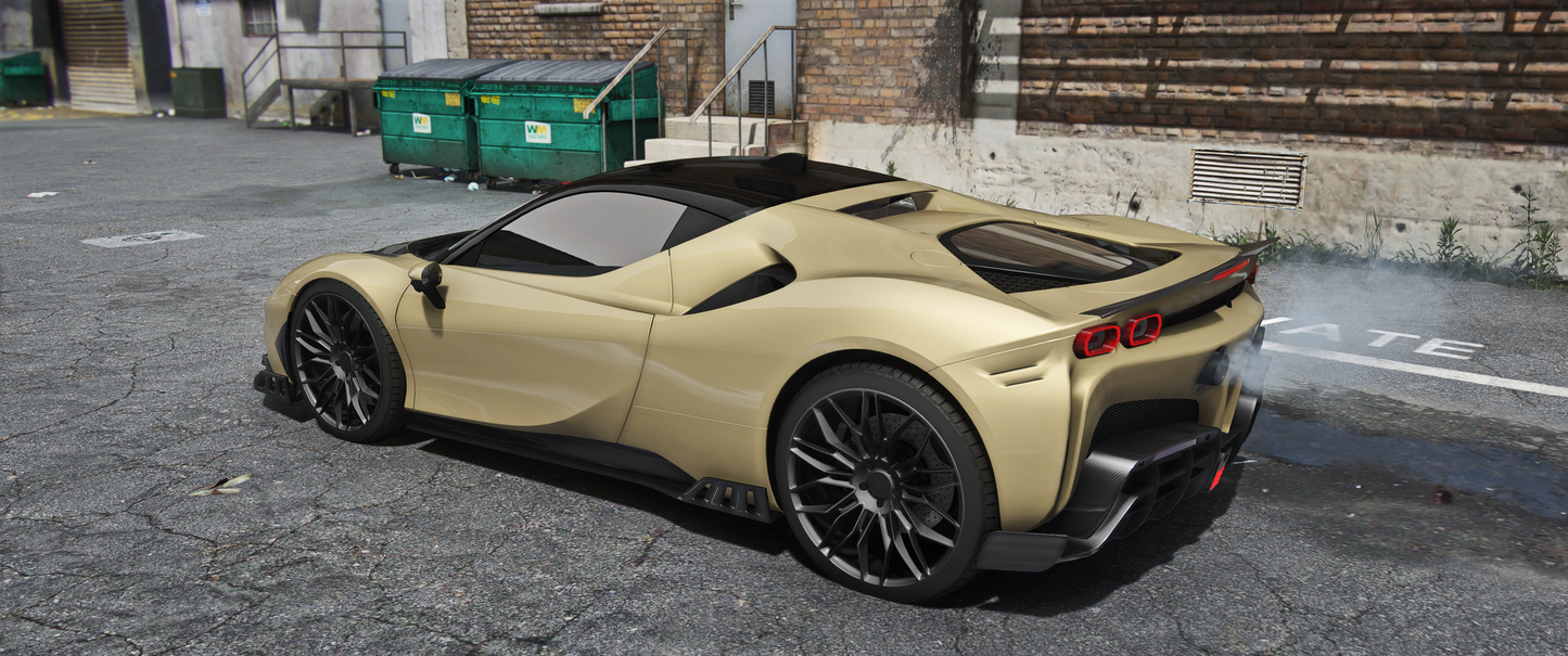 Side view of (Debadged) Ferrari SF90 Keyvany GTA V vehicle mod for FiveM