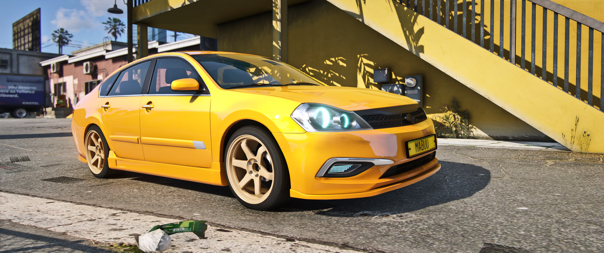 Front angle of debadged Samsung SM5 Kited for FiveM