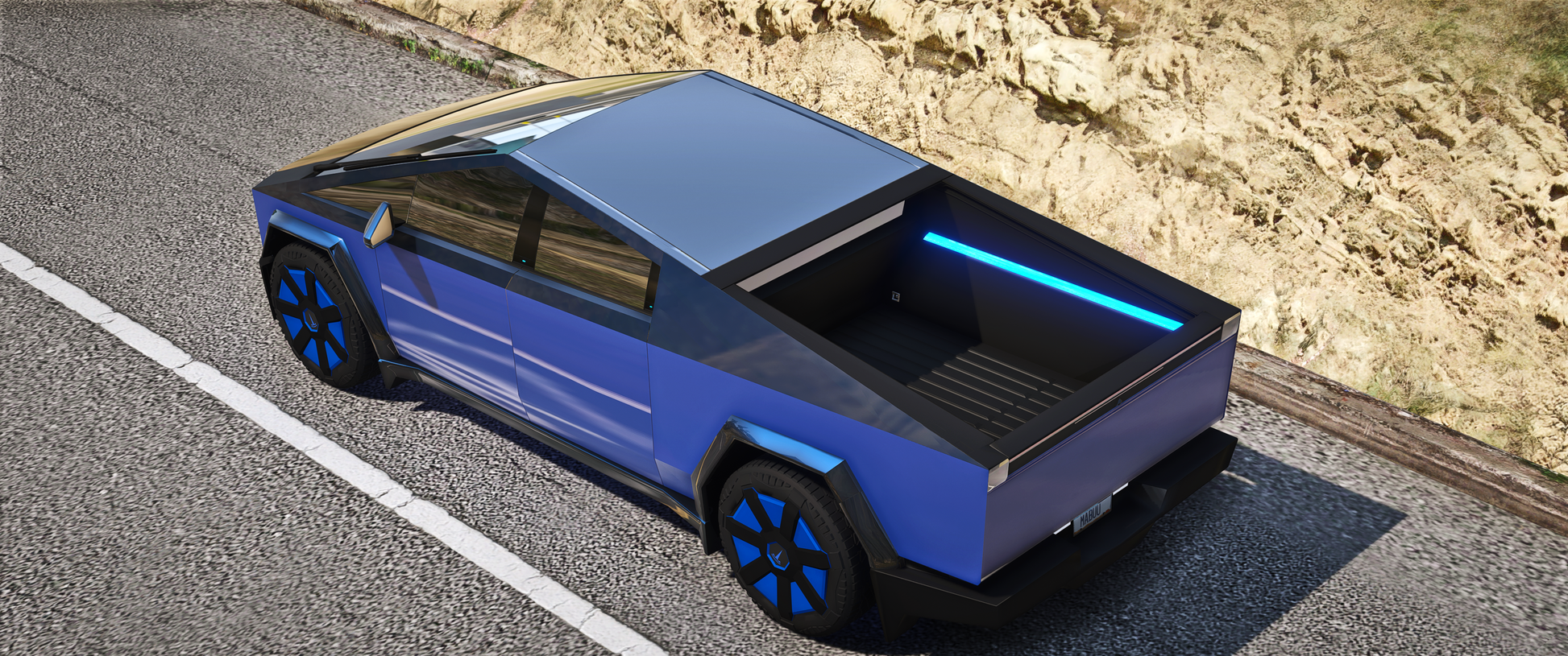 Side profile of Debadged 2024 Tesla Cyber Truck Two Tone Edition