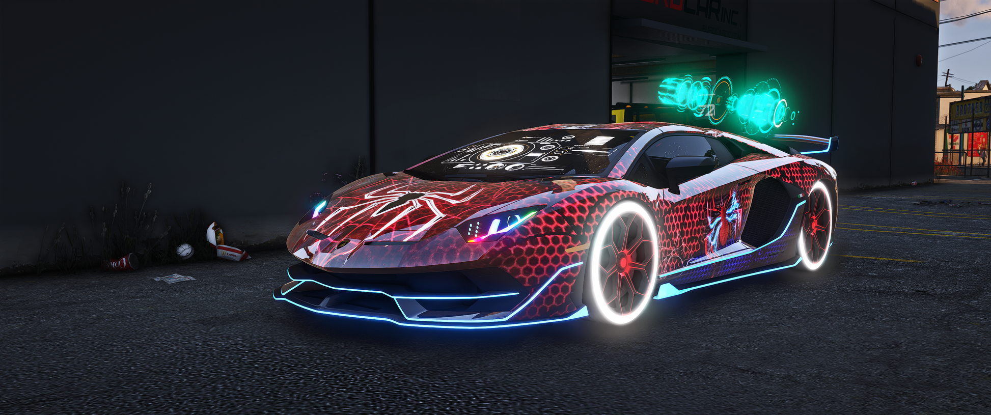 Front view of Lamborghini Aventador SVJ Roadster with Dinamic Lights in FiveM