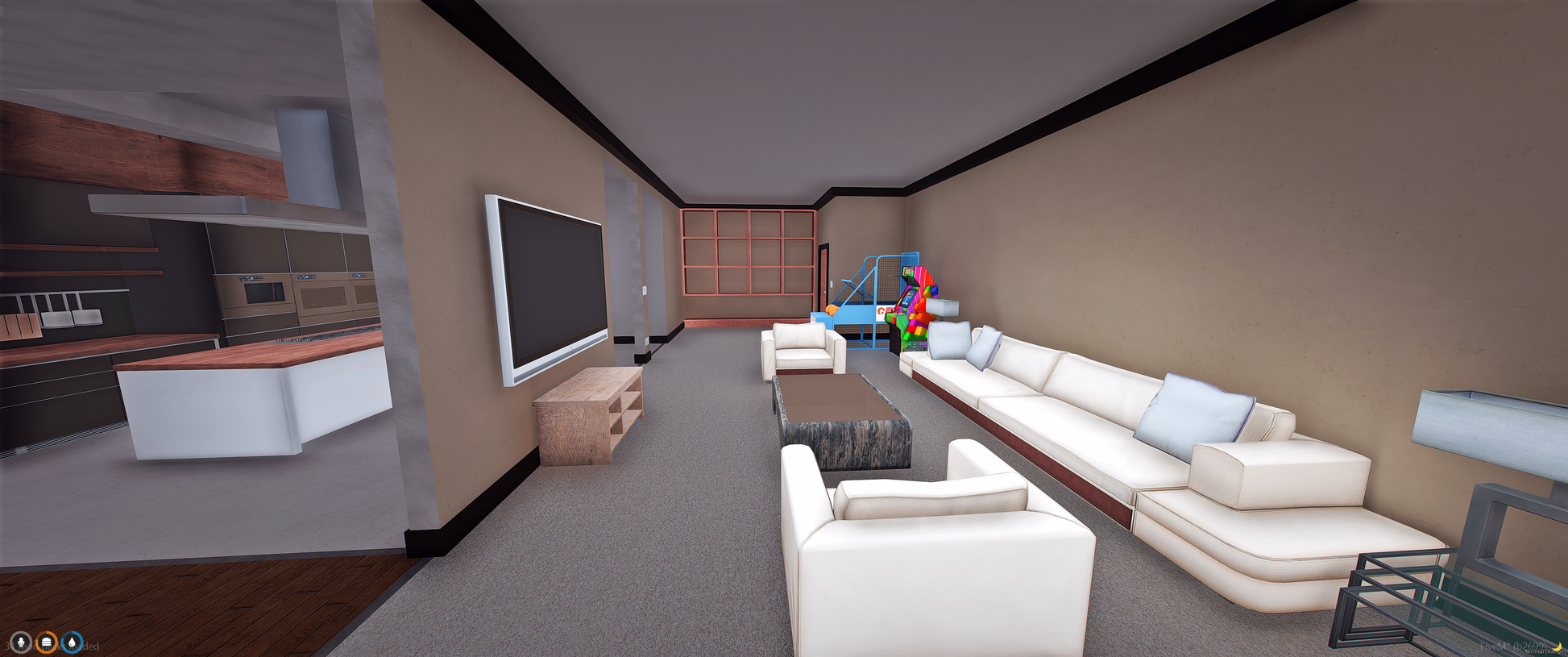 House-off bedroom with realistic furniture and decor