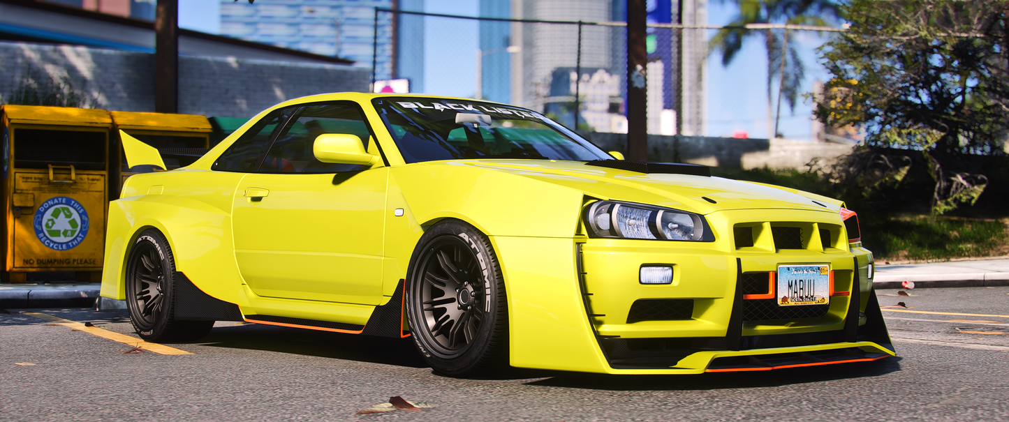 Front view of Debadged Nissan R34 Hardcore Edition in FiveM
