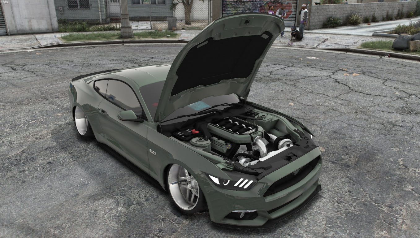 Rear view of Stanced Ford Mustang 5.0 vehicle mod for FiveM